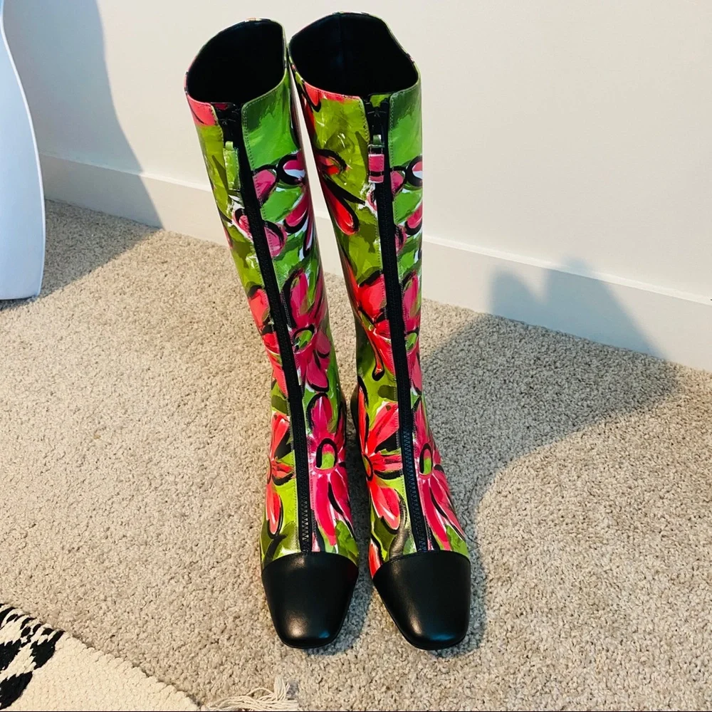 Michael Kors Collection Anita Runway Floral Print Full Calf Leather Knee Boots